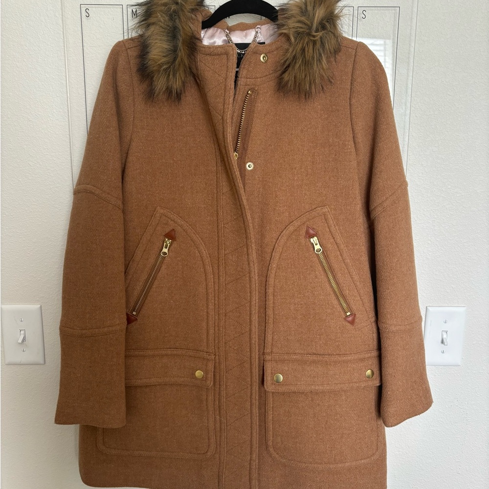 J. Crew Brown Stadium Cloth Wool Coat with Faux Fur Hood